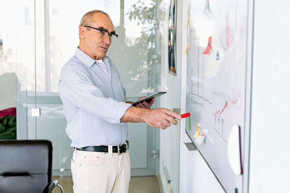 A person sketching a complex marketing funnel on a whiteboard.